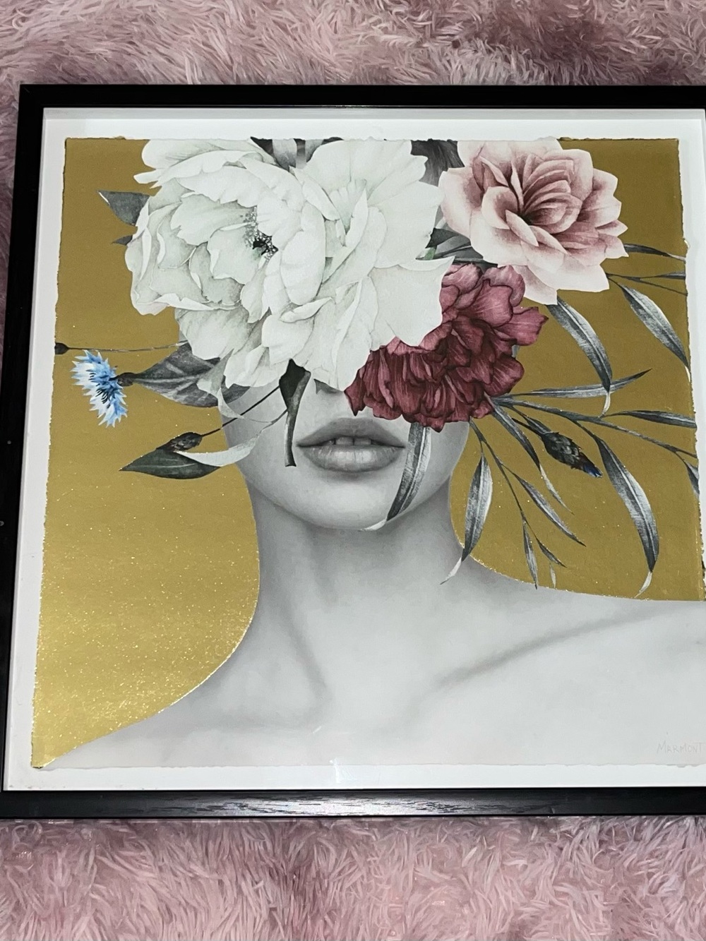 T.J.Maxx Gold Framed Floral Face Art with White and Blush Flowers